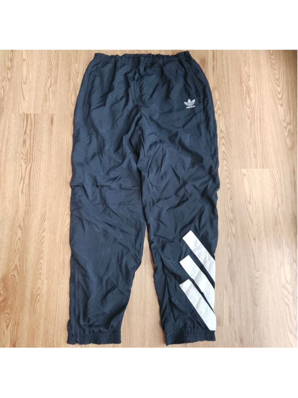 Vintage Adidas Big Logo Black Nylon Swishy Joggers Zip Sides Mens Large